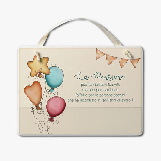 Targa in legno con nastrino 17,5x12,5cm "Pensione"