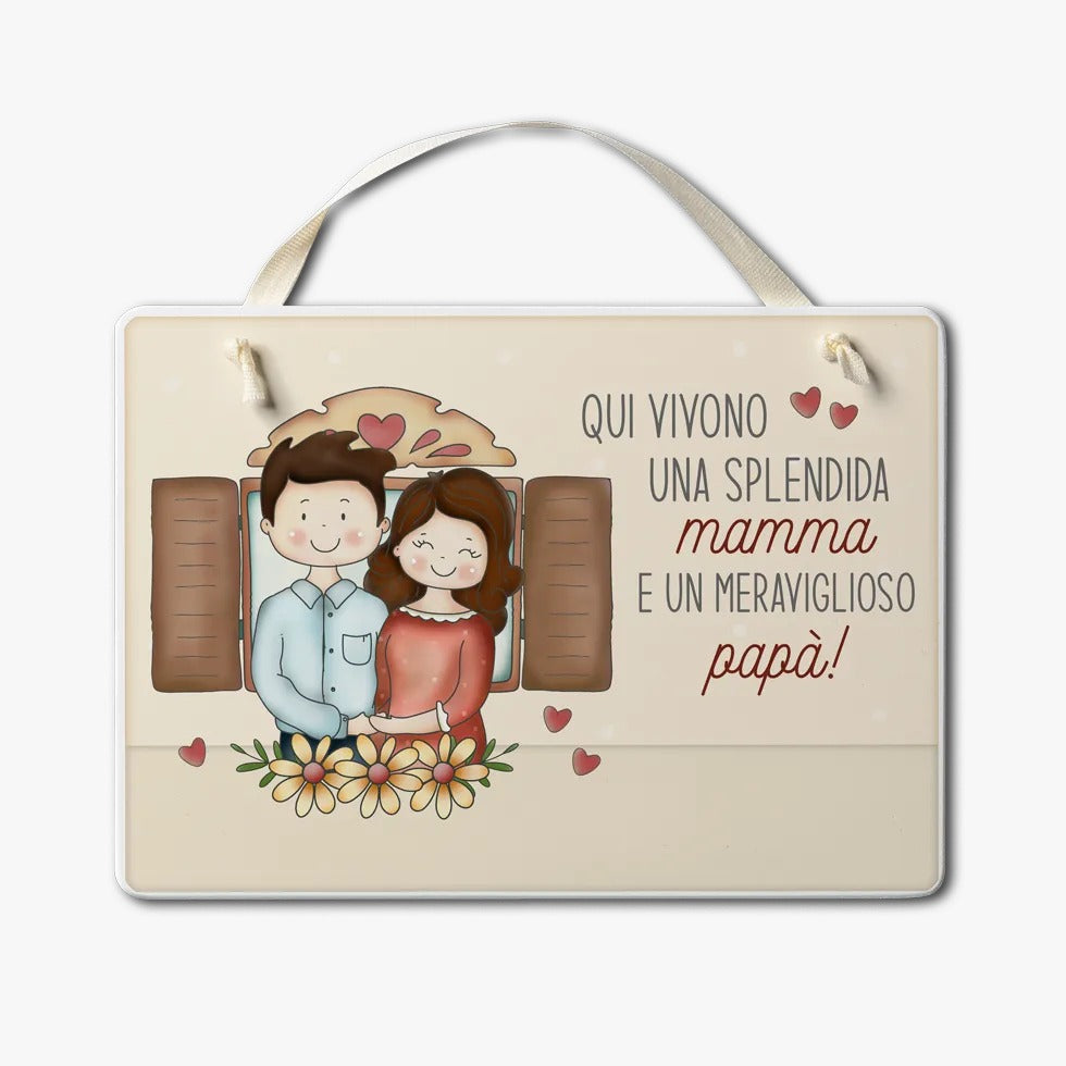 Targa in legno con nastrino 17,5x12,5cm "Mamma e papà"