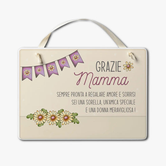 Targa in legno con nastrino 17,5x12,5cm "Grazie mamma"