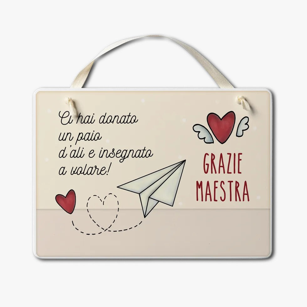 Targa in legno con nastrino 17,5x12,5cm "Grazie maestra"